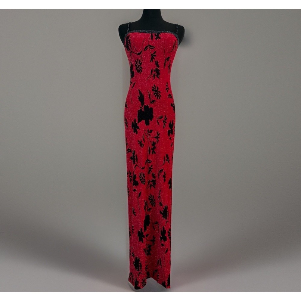Vintage Whimsigoth Red Floral Bodycon Maxi Dress Size S M Stretch Metallic Y2K
